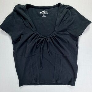 Hollister Black Corset Style Tie Neck Short Sleeve Top Womens Medium‎